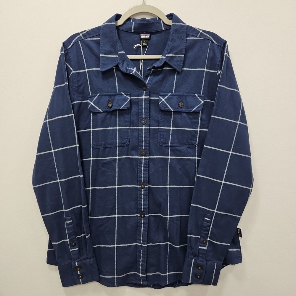 Patagonia Fjord Flannel Shirt Women L Navy Blue Plaid Organic Cotton Long Sleeve